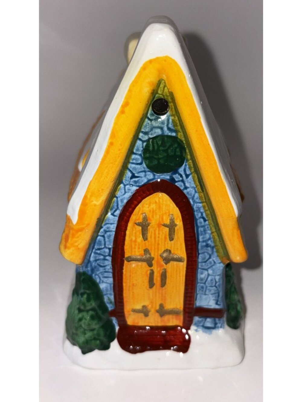 Vintage Hand-Painted Ceramic Cottage Candle Holder Snowy Roof Rustic Stone Walls